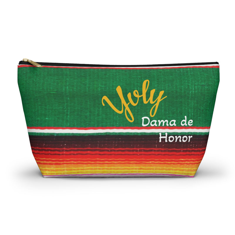 bridesmaid gift, bag, toiletry, makeup, accessories, green serape, amethyst, with name, customized, personalized, XV gifts