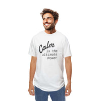 male, with T shirt, calm message, white