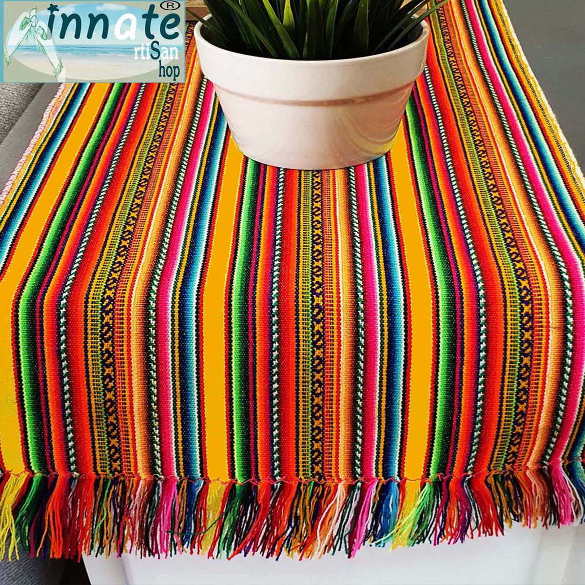 andean, table runner, marigold, fringes, artisan