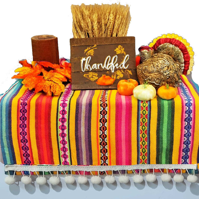 thanksgiving table runner, orange with pom poms