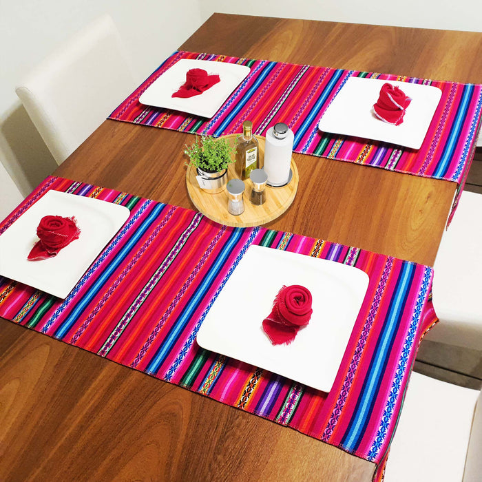 stylish, table runner, andean, peruvian, cusco, tablecloth, artisan, handmade, authentic, fuchsia, red, turquoise, royal blue, purple, tangerine, white