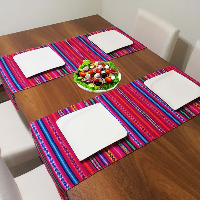 stylish, table runner, andean, peruvian, cusco, tablecloth, artisan, handmade, authentic, fuchsia, red, turquoise, royal blue, purple, tangerine, white