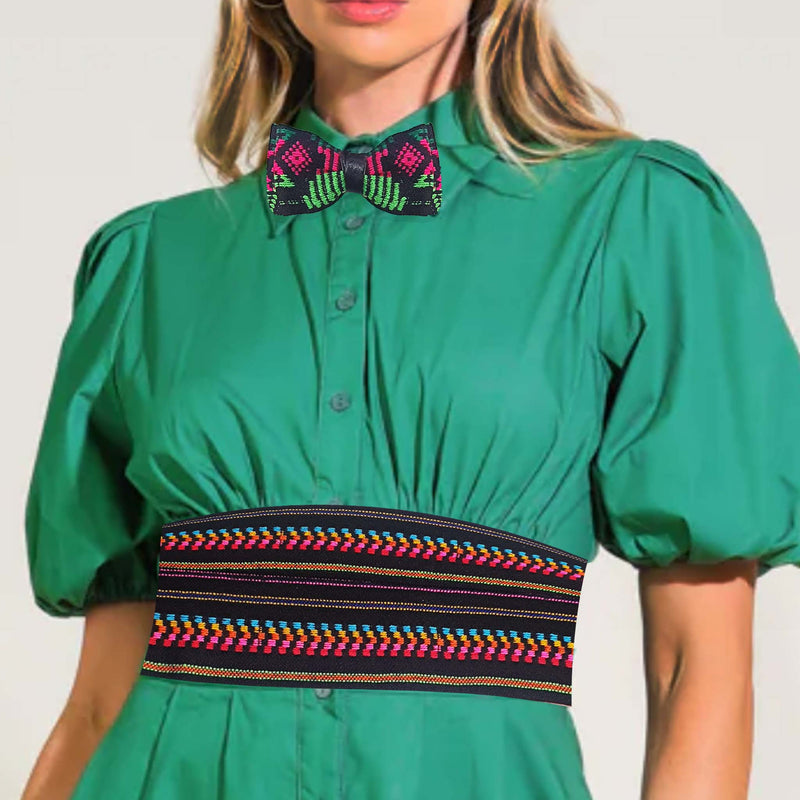 cummerbund, Mexican, Aztec, Mayan, reversible, embroidered, artisan, black, ethnic, tribal
