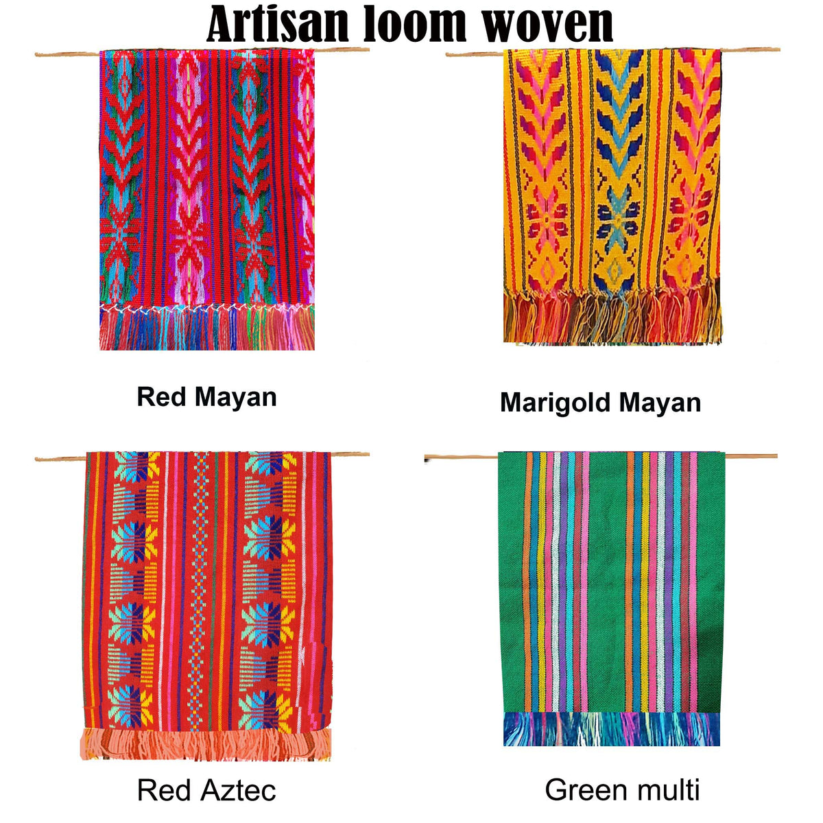 Four colorful woven fabrics labeled 'Red Mayan', 'Marigold Mayan', 'Red Aztec', and 'Green multi' on a white background.