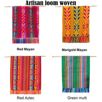 Four colorful woven fabrics labeled 'Red Mayan', 'Marigold Mayan', 'Red Aztec', and 'Green multi' on a white background.