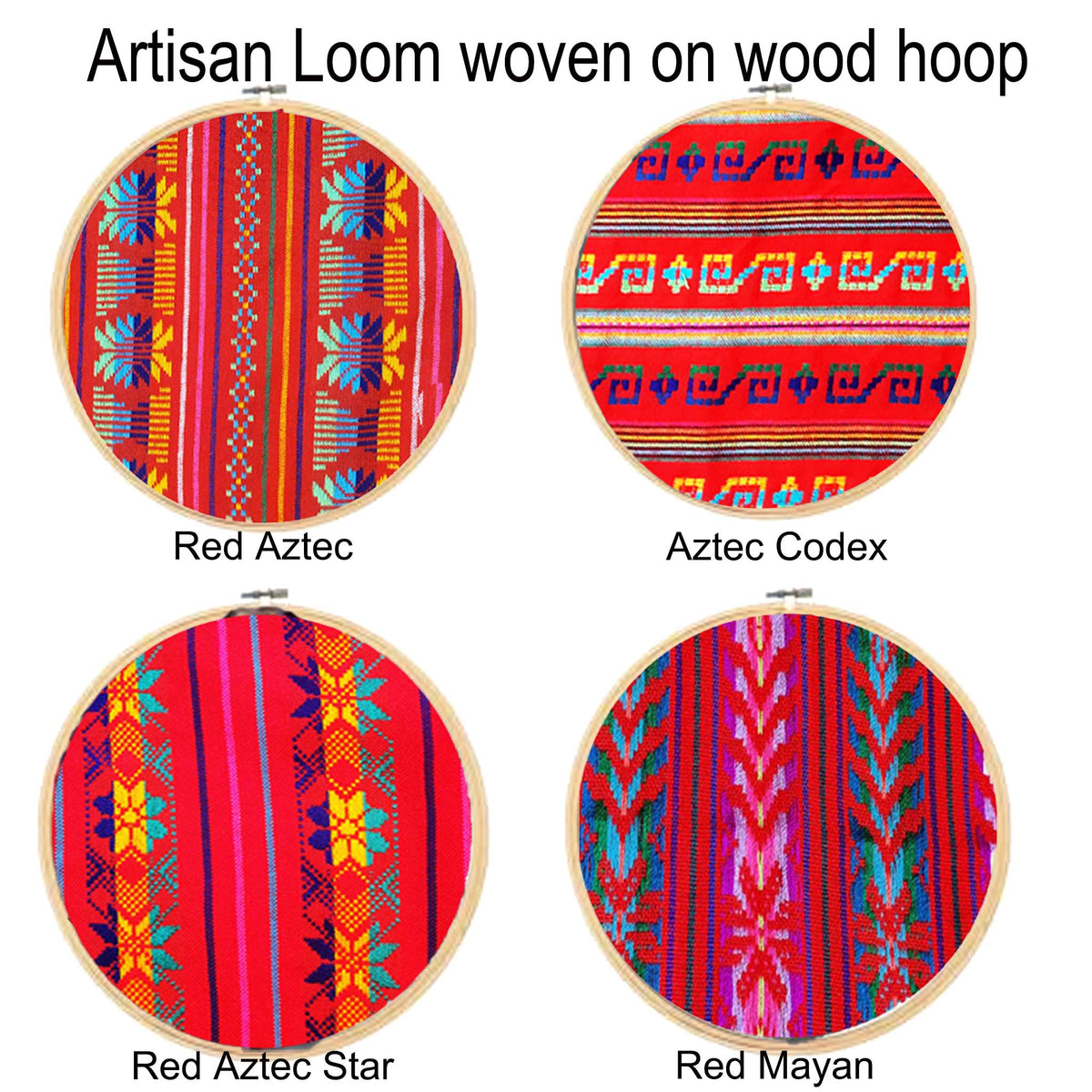 Four Artisan Loom woven patterns on wood hoops with labels.