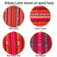 Four Artisan Loom woven patterns on wood hoops with labels.