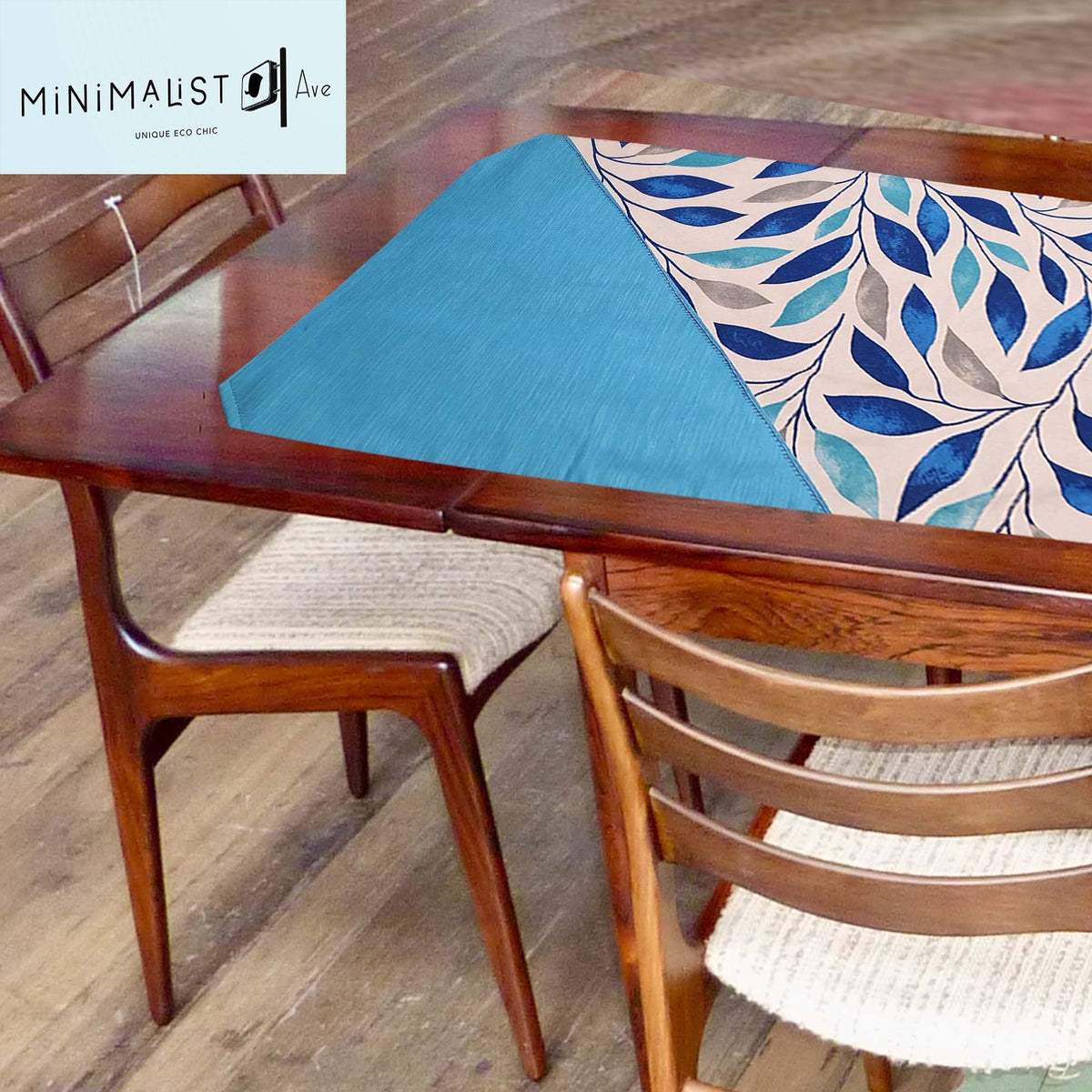 Reversible table runner, stylish unique design, nature print, royal turquoise tones. 4.5 ft long, turquoise, leaves print, minimalist, minimalistave, minimalistave.com