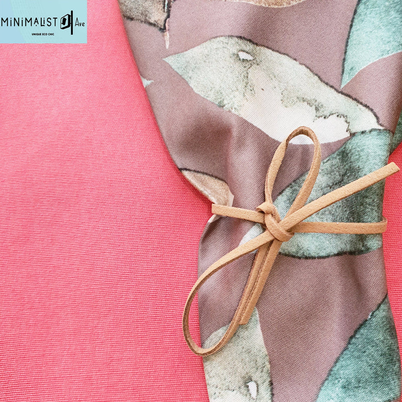 Napkins, 4 napkins, soft, nature print, pastels, leaves print, coral, mint, sand, with ties, custom napkins, minimalist, minimalistave, minimalistave.com