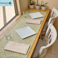 Table runner and napkins, Sage table runner, Olive, Moss, Geometric print, minimalist, custom table runners, recycled, minimalistave, minimalistave.com