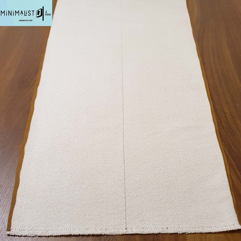 Table runner ivory, woven with anti skid back, table runner, minimalist, off-white, washable, mocha trims,, custom table runners, handmade, recycled, minimalist, minimalistave, minimalistave.com