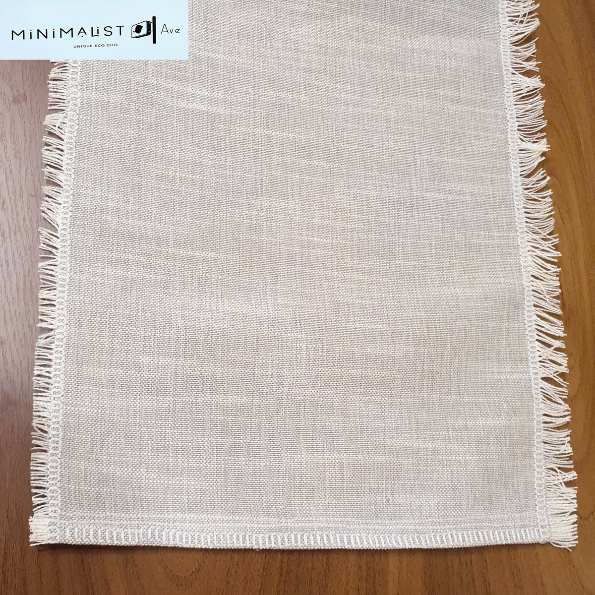 Table runner, greige, khaki, beige, sand, light taupe, decorative sides and small fringes, minimalistave, minimalist, minimalistave.com